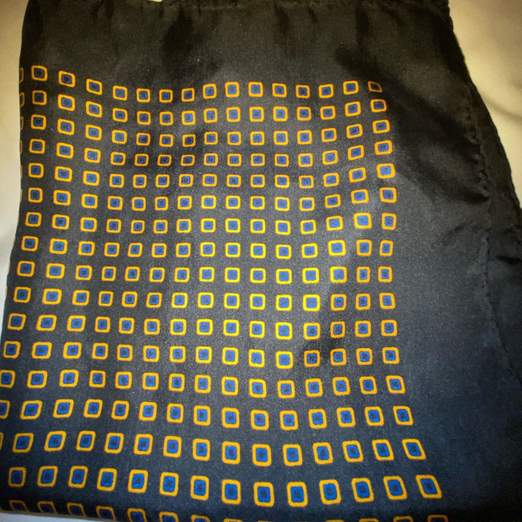 Black Silk Scarf With Yellow And Blue Squares